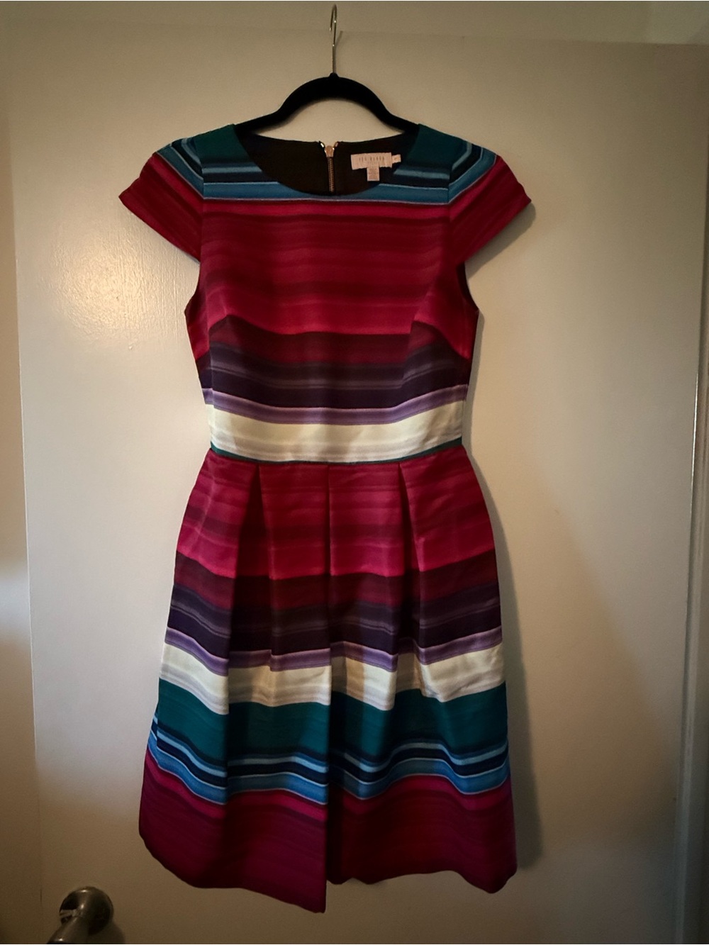Ted Baker Striped Fit-and-Flare Dress in Berry, Teal & Navy - Picture 2 of 5